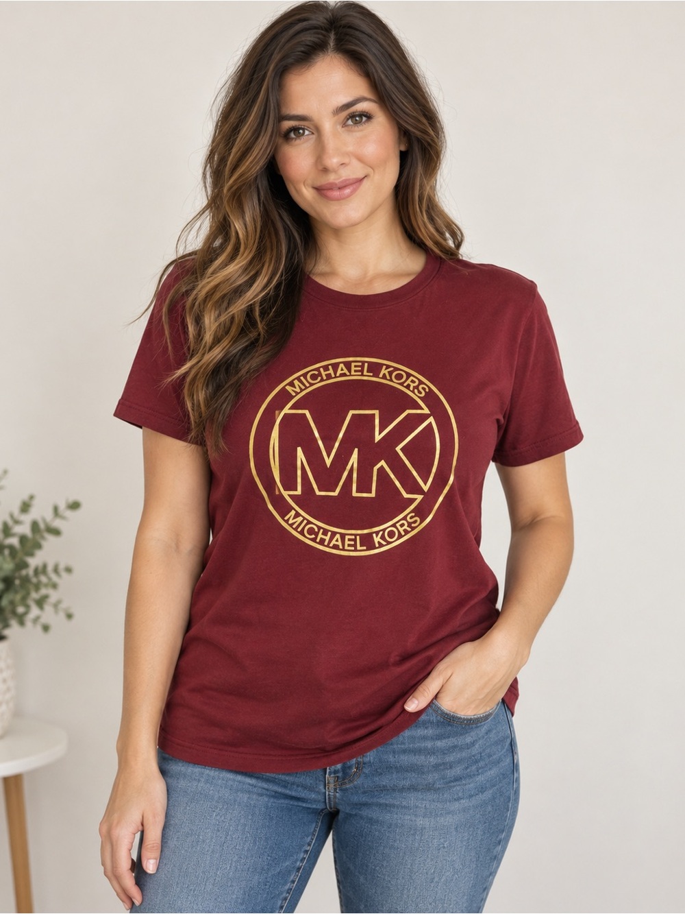Michael Kors Girls' Burgundy and Gold Logo Short Sleeve Tee